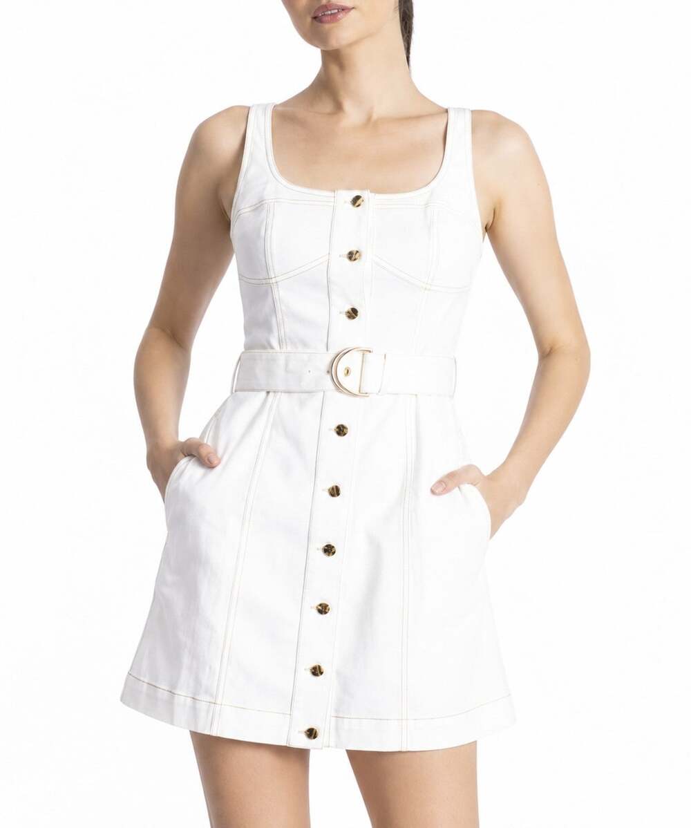 Karina Grimaldi Womens Magnolia White Denim Mini Dress XS Belted Button Front...